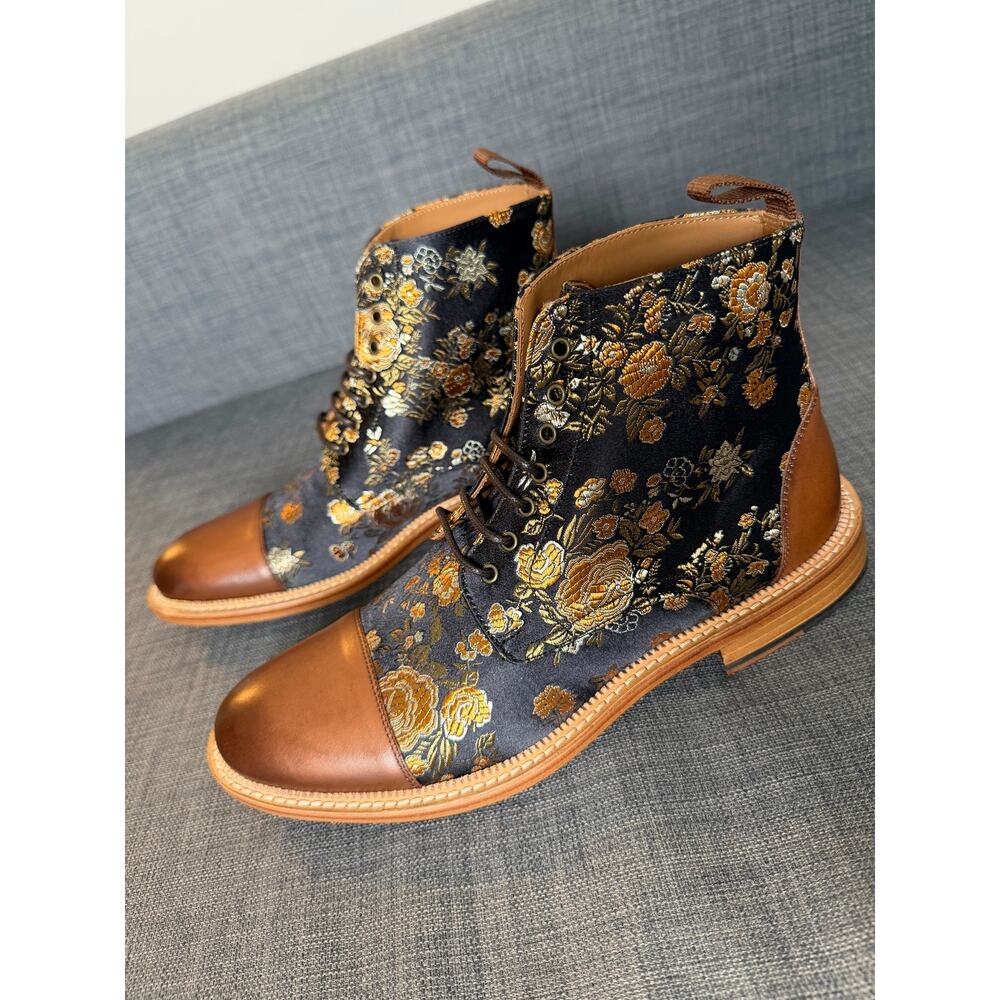 New TAFT The Jack Eden Cognac Floral Jacquard Cap Toe Boots Men Size 8
